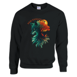 A black crewneck sweatshirt featuring a colorful graphic of a wolf and tree with the text 'NEW EVOLUTION' on the front, set against a plain white background.