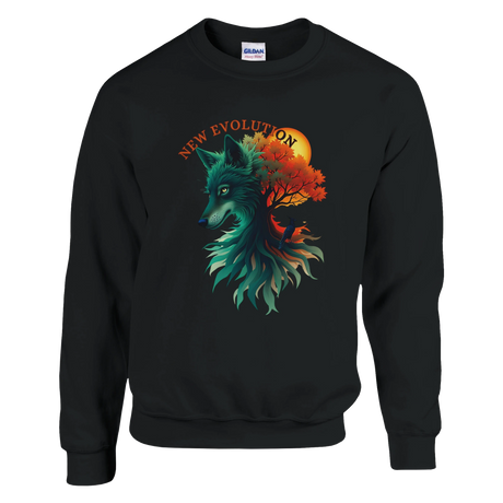 A black crewneck sweatshirt featuring a colorful graphic of a wolf and tree with the text 'NEW EVOLUTION' on the front, set against a plain white background.
