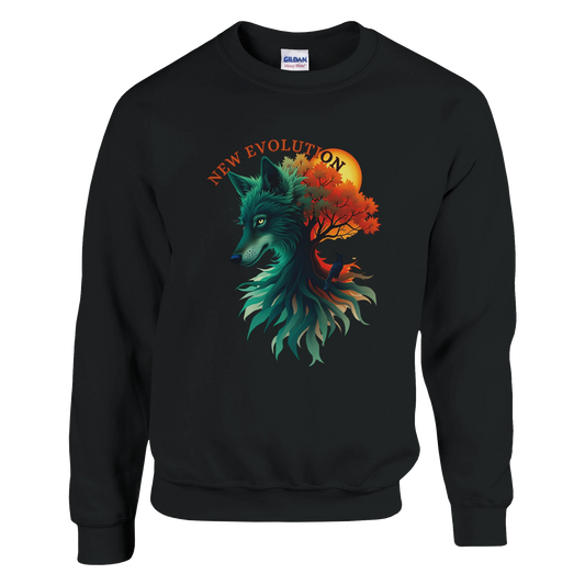A black crewneck sweatshirt featuring a colorful graphic of a wolf and tree with the text 'NEW EVOLUTION' on the front, set against a plain white background.