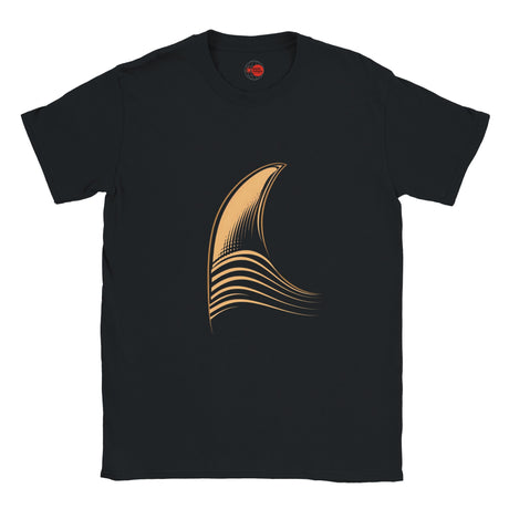 Black t-shirt with a gold abstract design on a white background