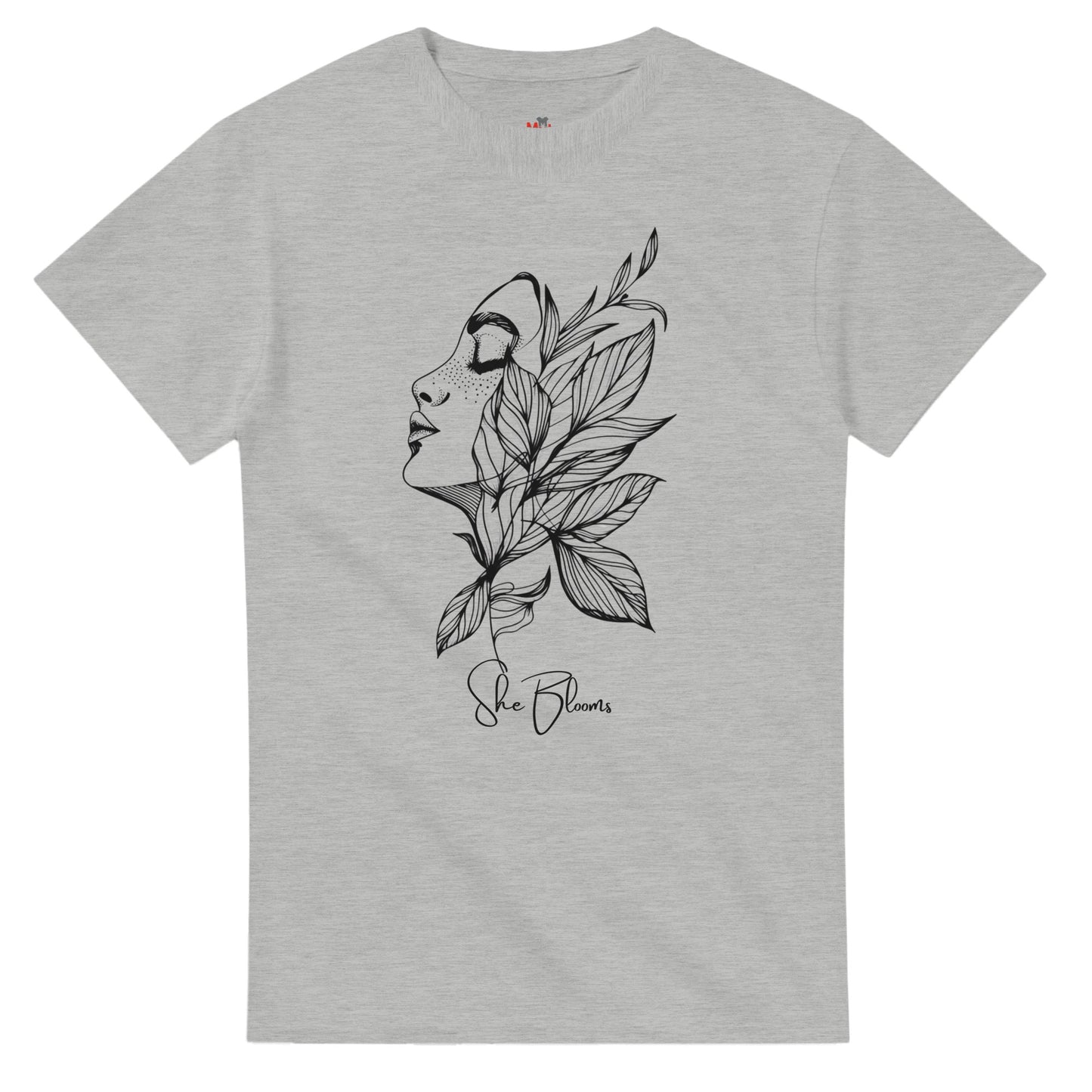 Gray t-shirt with a black and white illustration of a face and leaves on a white background