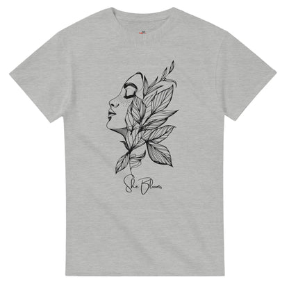 Gray t-shirt with a black and white illustration of a face and leaves on a white background