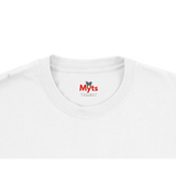 Close-up of a white t-shirt with 'Myts' logo on a white background