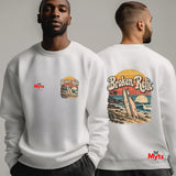 Broken Relic white unisex crewneck sweatshirt with small front surf graphic and large vintage surfboard beach design on back