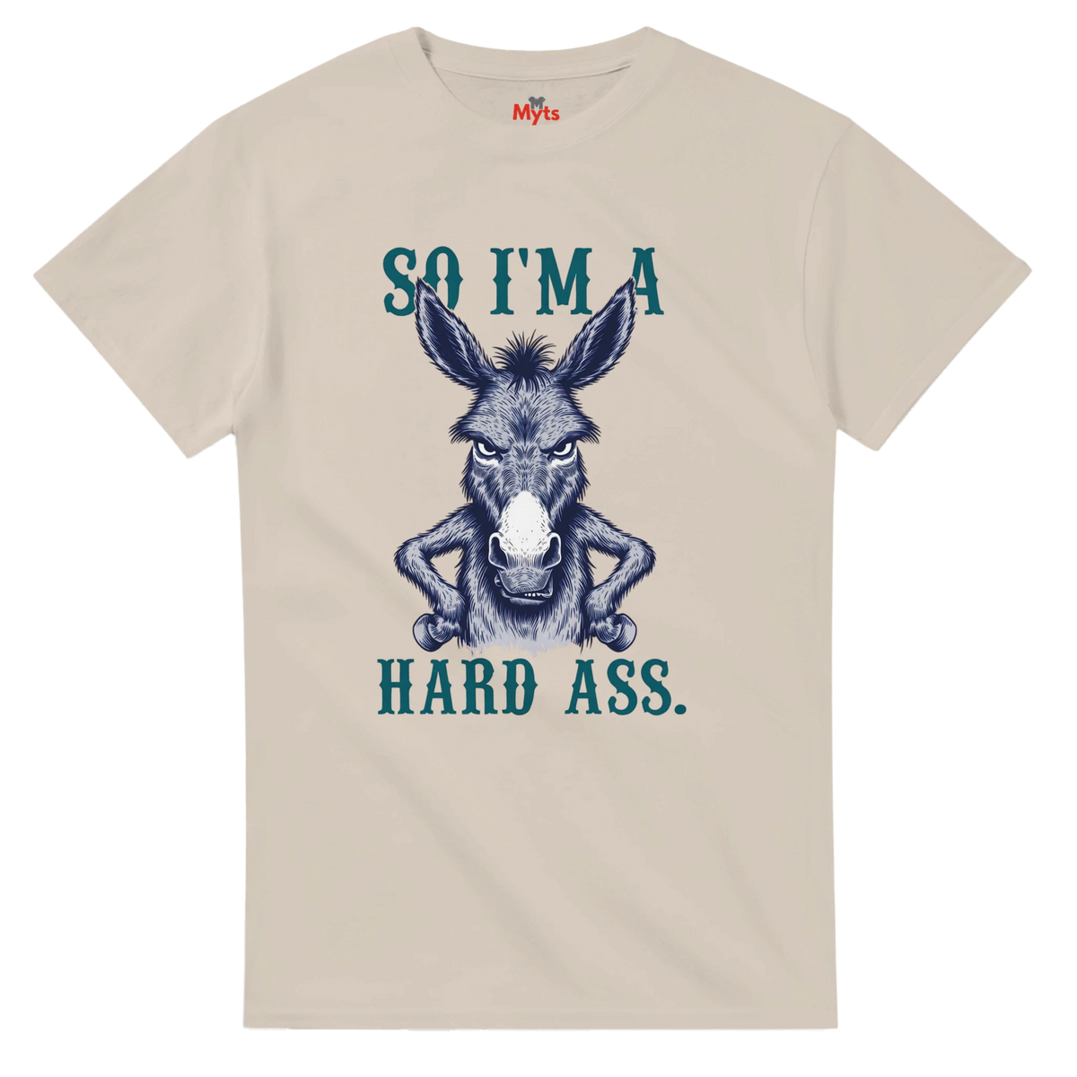 Natural t-shirt with a graphic of a donkey and text on a white background