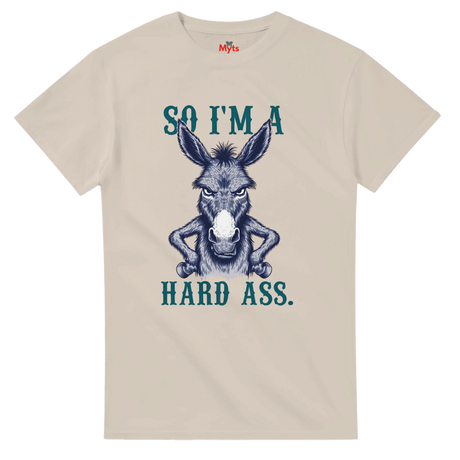 Natural t-shirt with a graphic of a donkey and text on a white background