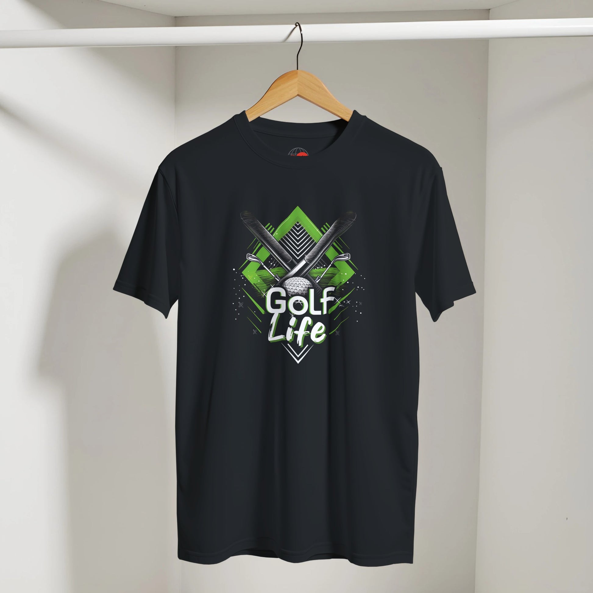 Black t-shirt with 'Golf Life' graphic on a hanger against a white wall