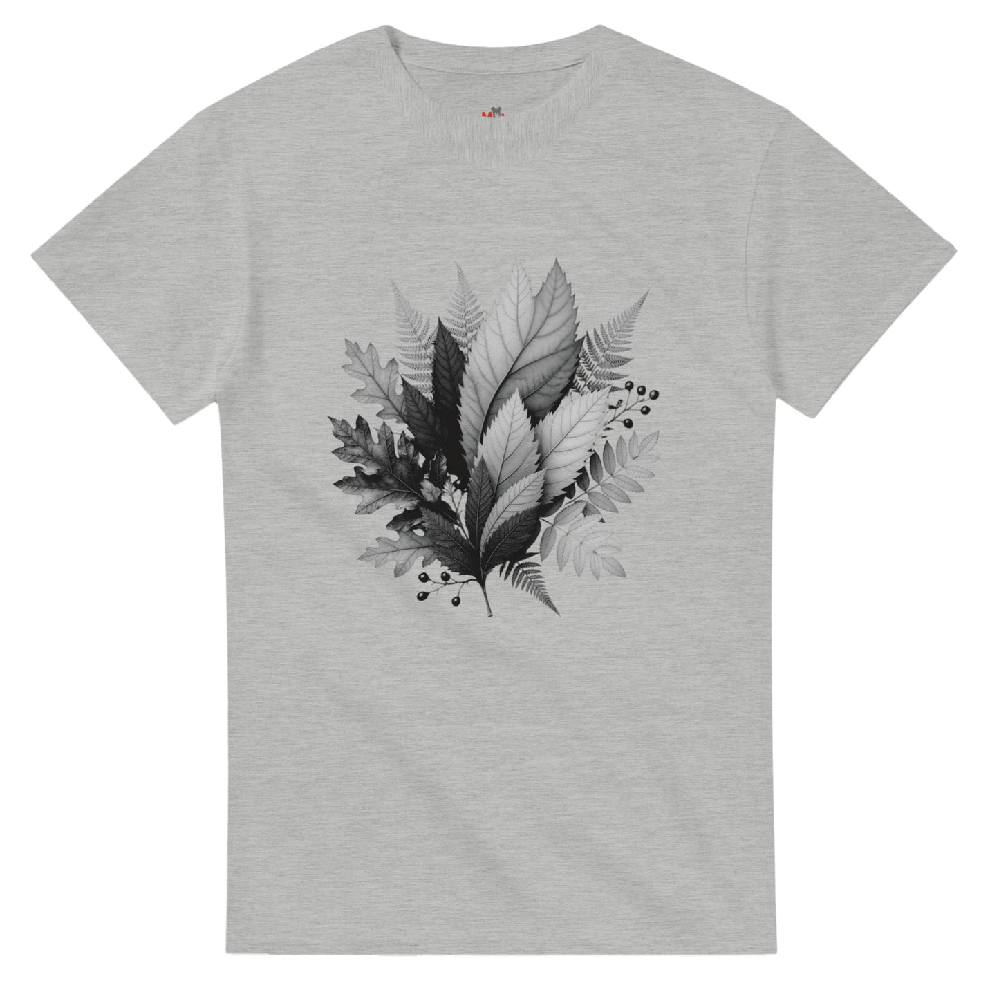 Gray t-shirt with black leaf design on a white background