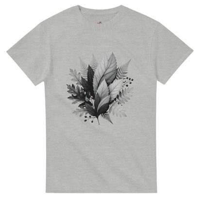 Gray t-shirt with black leaf design on a white background