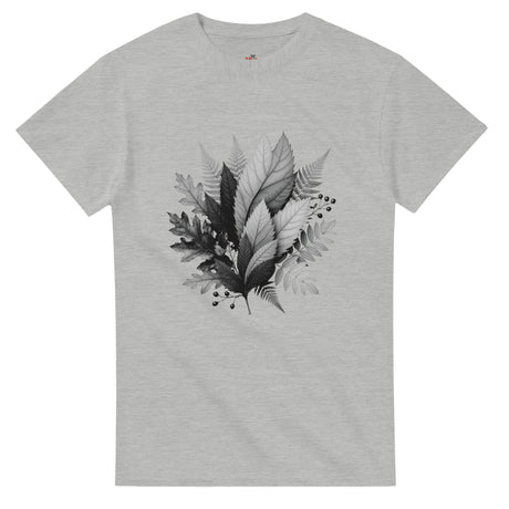 Gray t-shirt with black leaf design on a white background
