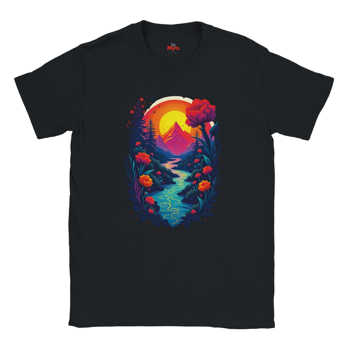 Black t-shirt with a colorful nature graphic design featuring a mountain, flowers, and a sunset.