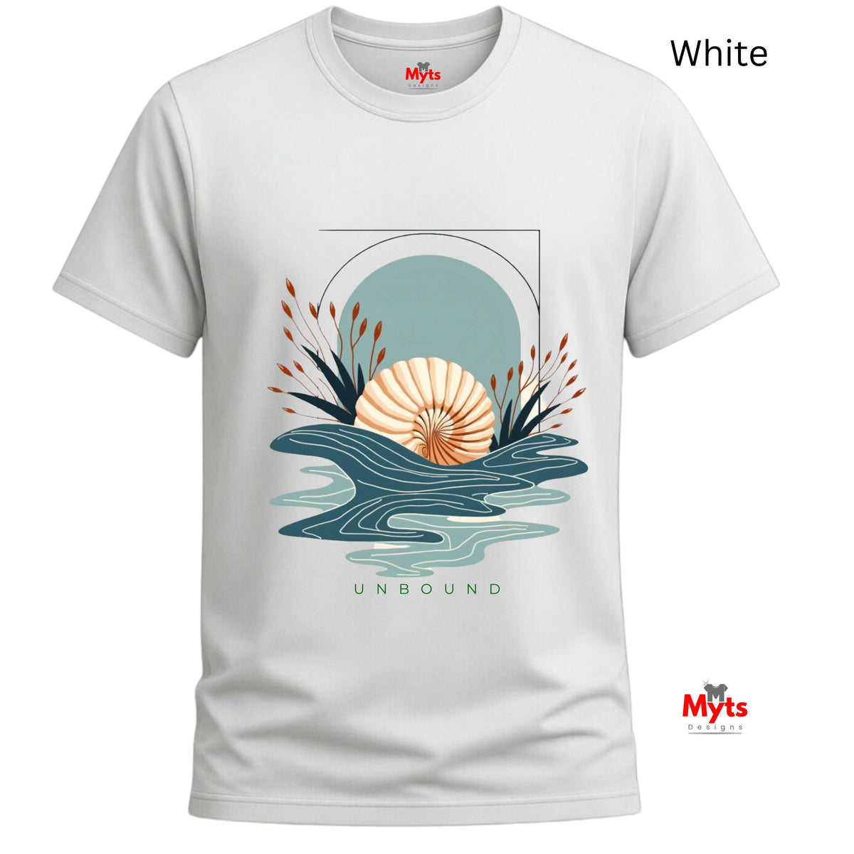 A White unisex coastal graphic tee with minimalist seashell, abstract blue ocean waves and UNBOUND lettering.