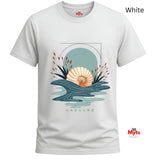 A White unisex coastal graphic tee with minimalist seashell, abstract blue ocean waves and UNBOUND lettering.