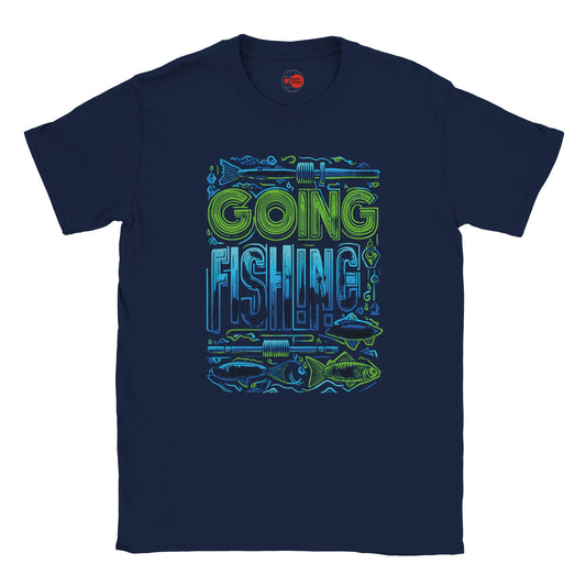 Navy blue t-shirt with 'Going Fishing' graphic design on a white background