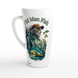 A white ceramic milk mug featuring a detailed graphic of an old fisherman with the text 'Old Man Fish' above him, alongside illustrations of fish and water, set against a plain white background.