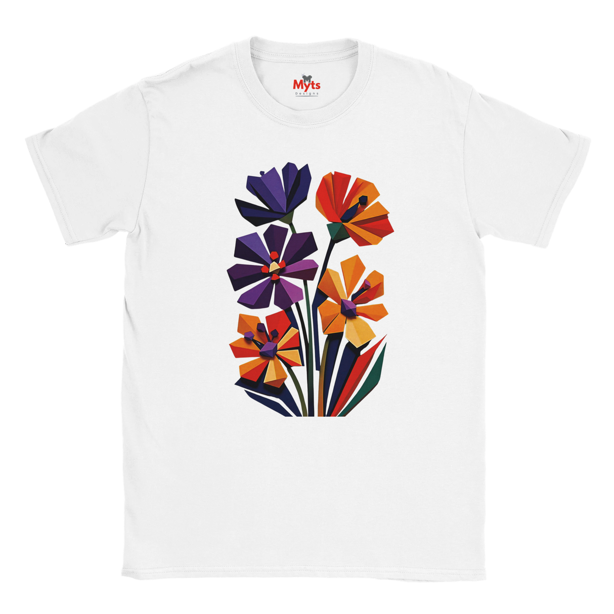 white geometric wildflower T-shirt featuring colourful abstract flowers in purple, orange, yellow, navy and green with angular modern petals.