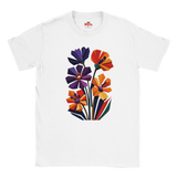 white geometric wildflower T-shirt featuring colourful abstract flowers in purple, orange, yellow, navy and green with angular modern petals.