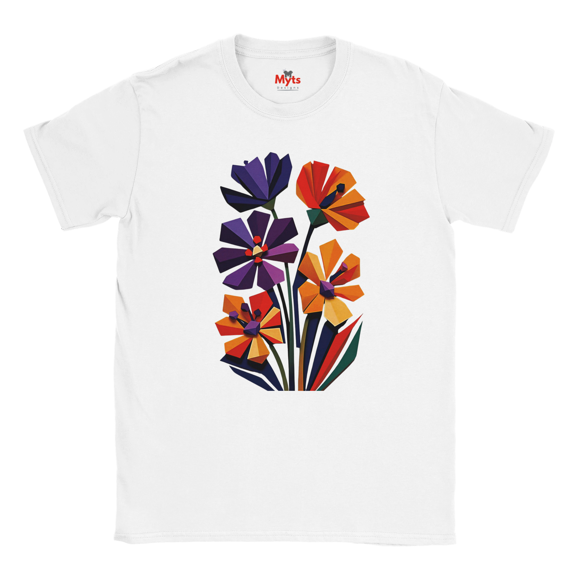 white geometric wildflower T-shirt featuring colourful abstract flowers in purple, orange, yellow, navy and green with angular modern petals.