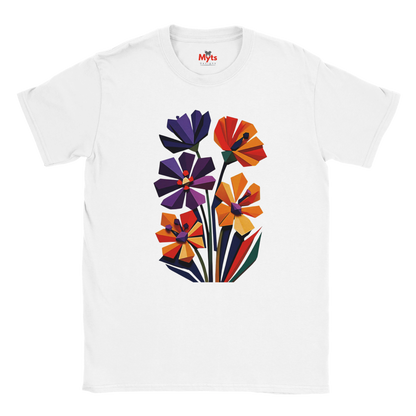 white geometric wildflower T-shirt featuring colourful abstract flowers in purple, orange, yellow, navy and green with angular modern petals.