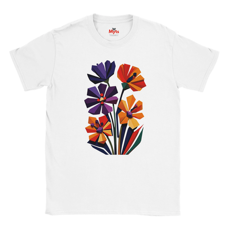 white geometric wildflower T-shirt featuring colourful abstract flowers in purple, orange, yellow, navy and green with angular modern petals.