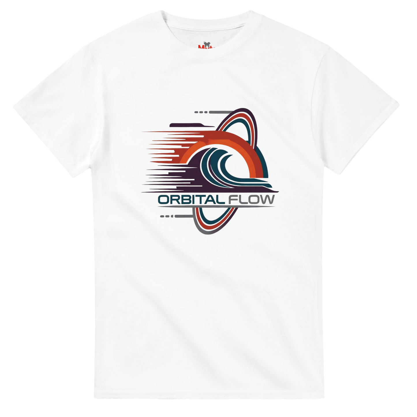 White t-shirt with 'Orbital Flow' graphic design on a white background
