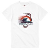White t-shirt with 'Orbital Flow' graphic design on a white background