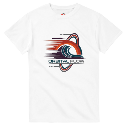White t-shirt with 'Orbital Flow' graphic design on a white background
