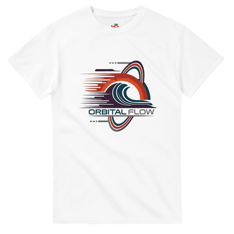 White t-shirt with 'Orbital Flow' graphic design on a white background