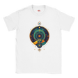 White t-shirt with a colorful celestial design on a white background