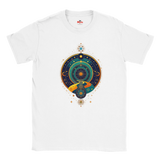 White t-shirt with a colorful celestial design on a white background
