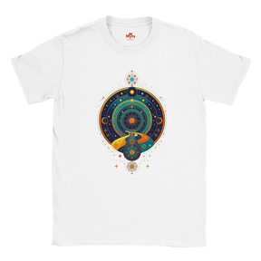 White t-shirt with a colorful celestial design on a white background