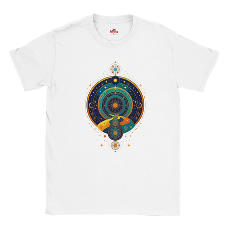 White t-shirt with a colorful celestial design on a white background