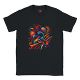 Black t-shirt with colorful abstract design on a white background