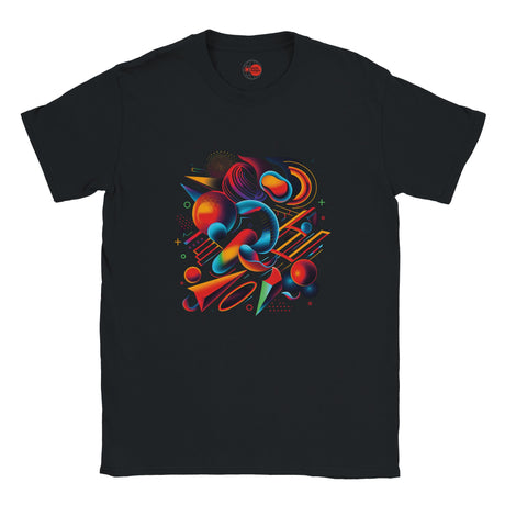 Black t-shirt with colorful abstract design on a white background