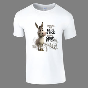 A white t-shirt with a graphic print of a donkey and the text 'Some People Call Me Donkey, Others Call Me Chap Stick'.