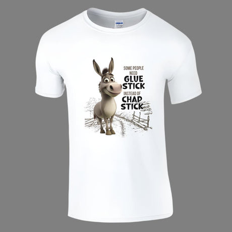 A white t-shirt with a graphic print of a donkey and the text 'Some People Call Me Donkey, Others Call Me Chap Stick'.