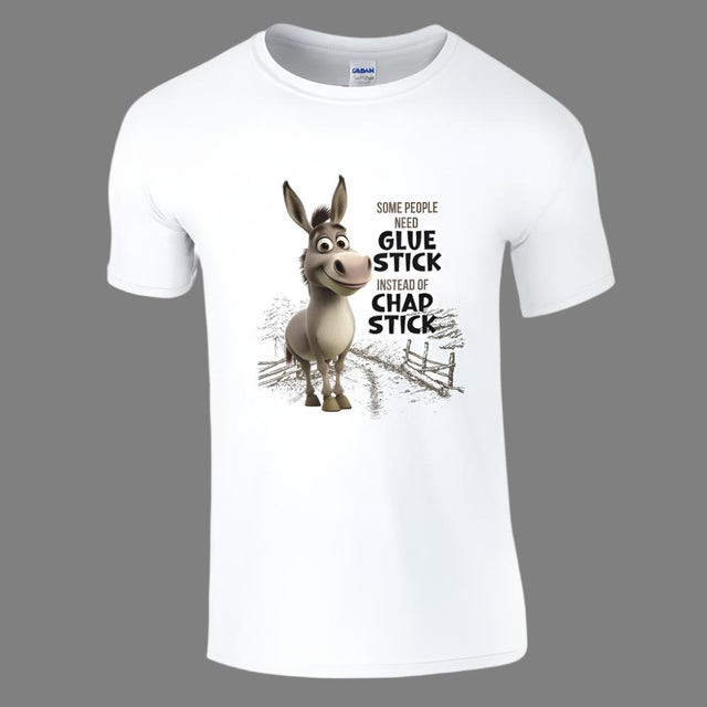A white t-shirt with a graphic print of a donkey and the text 'Some People Call Me Donkey, Others Call Me Chap Stick'.