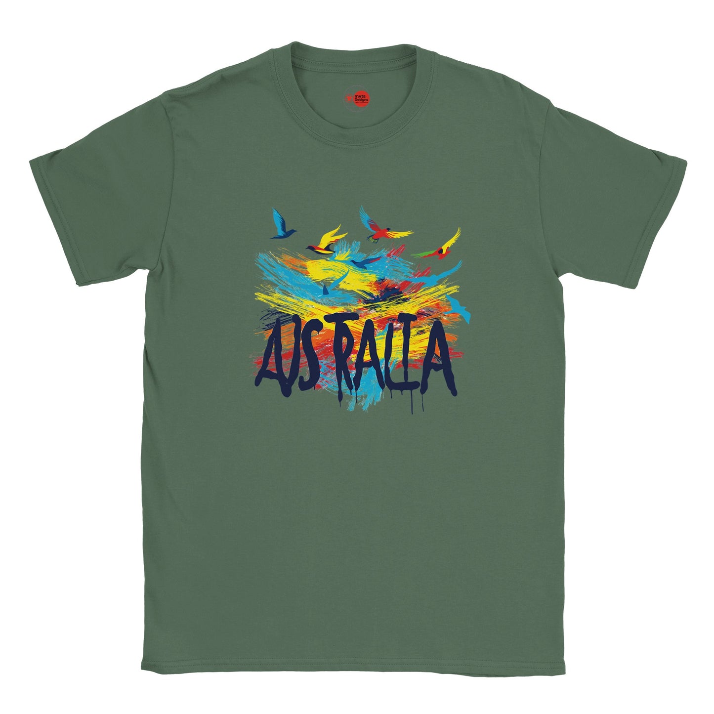 Green t-shirt with colorful 'Australia' design on a white background