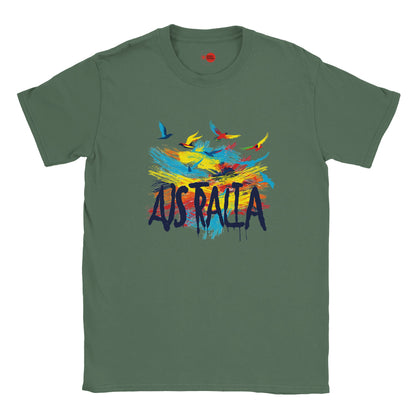 Green t-shirt with colorful 'Australia' design on a white background