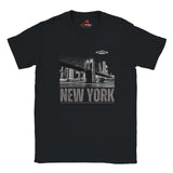 Black soft casual tee showing the New York City skyline with a stylized spaceship graphic soaring above, printed on ultra-soft Gildan 64000 cotton.