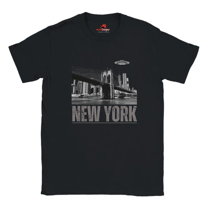 Black soft casual tee showing the New York City skyline with a stylized spaceship graphic soaring above, printed on ultra-soft Gildan 64000 cotton.