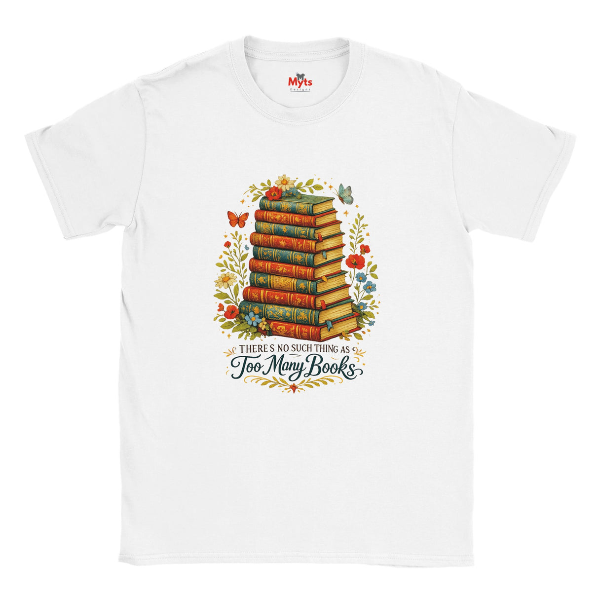 White t-shirt with a colorful graphic of books and flowers on a white background
