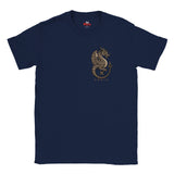 A navy blue short-sleeve crewneck t-shirt featuring a gold dragon graphic and the word 'DRAG' printed on the left chest, displayed against a solid white background.