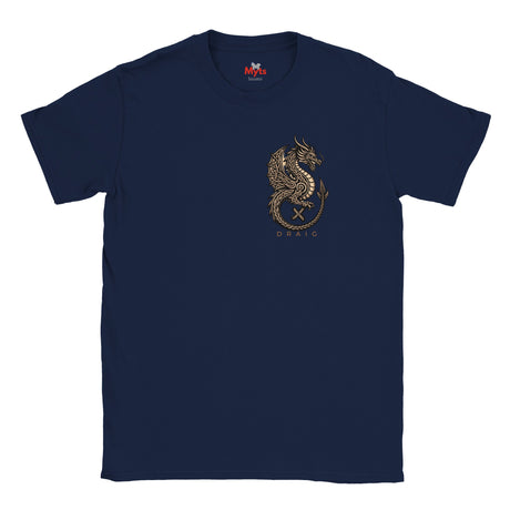 A navy blue short-sleeve crewneck t-shirt featuring a gold dragon graphic and the word 'DRAG' printed on the left chest, displayed against a solid white background.