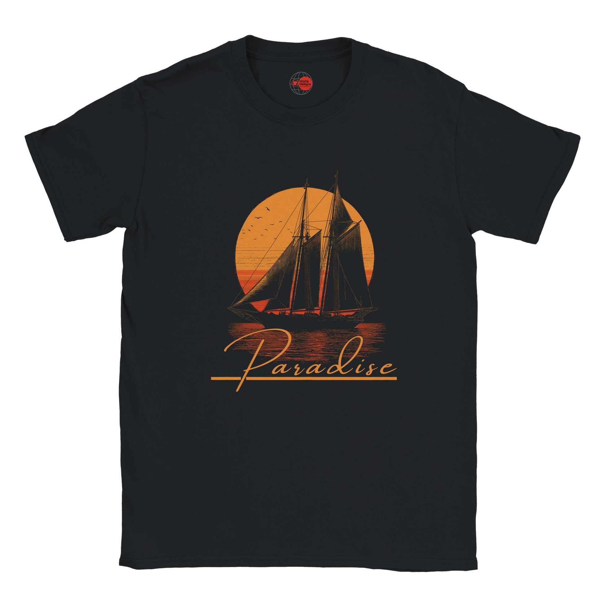 Black t-shirt with a sailboat and sunset design on a white background