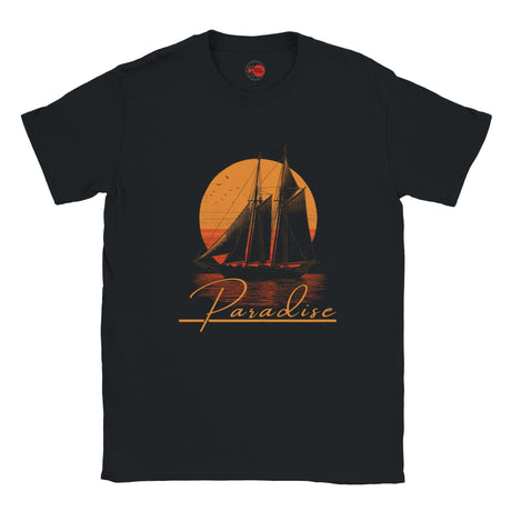 Black t-shirt with a sailboat and sunset design on a white background