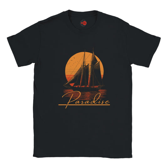 Black t-shirt with a sailboat and sunset design on a white background