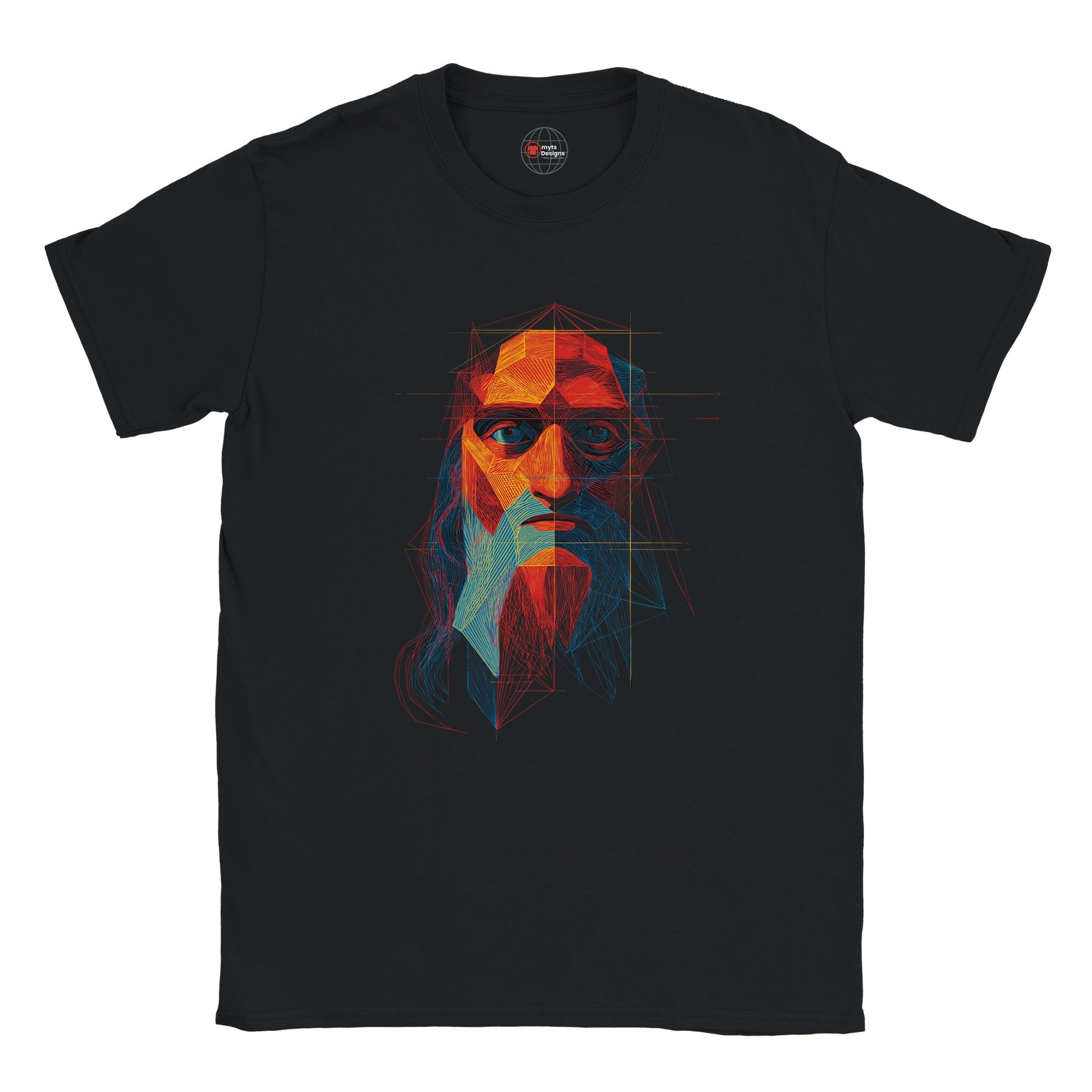 Black t-shirt with a colorful graphic of a face on a white background