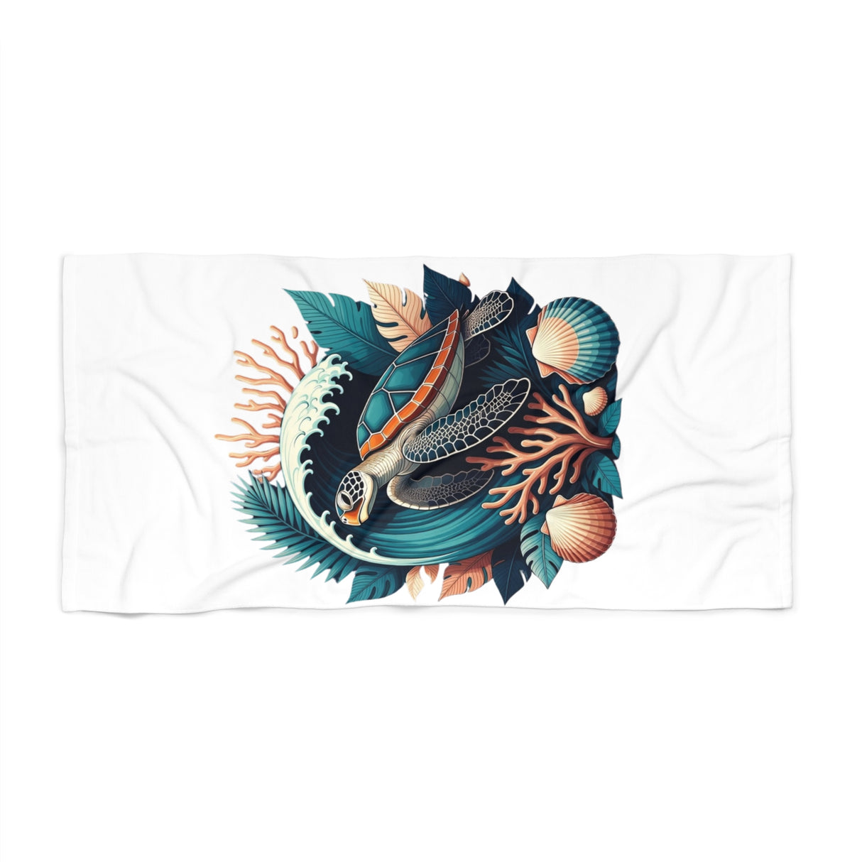 A white beach towel featuring a central graphic print of a sea turtle surrounded by tropical leaves, coral, and seashells in teal, orange, and dark gray.