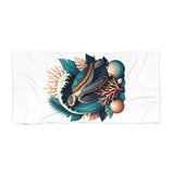 A white beach towel featuring a central graphic print of a sea turtle surrounded by tropical leaves, coral, and seashells in teal, orange, and dark gray.